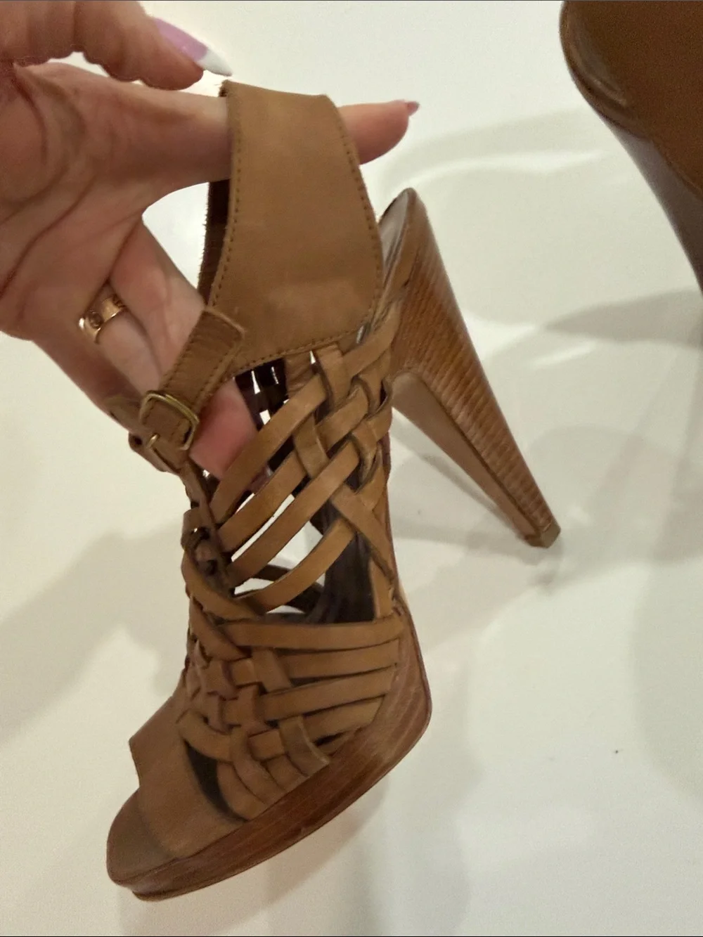 Barneys co-op Tan Woven Leather High Heel Sandals
